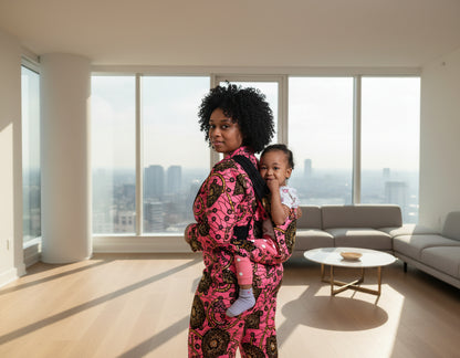 Woman carrying a child in a baby carrier inside a home.
